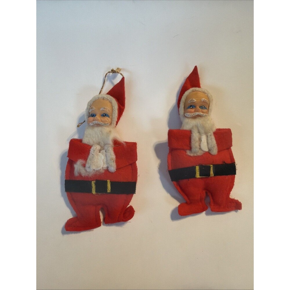Vintage Felt Santa Claus Christmas Figure Ornament Pair Japan Spun Cotton Kitsch